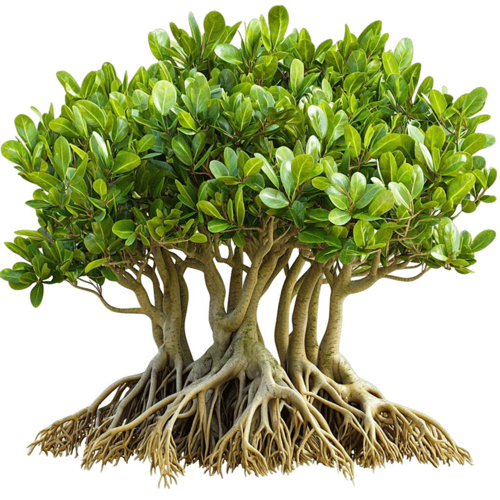 lush green mangrove tree with strong roots extending into ground