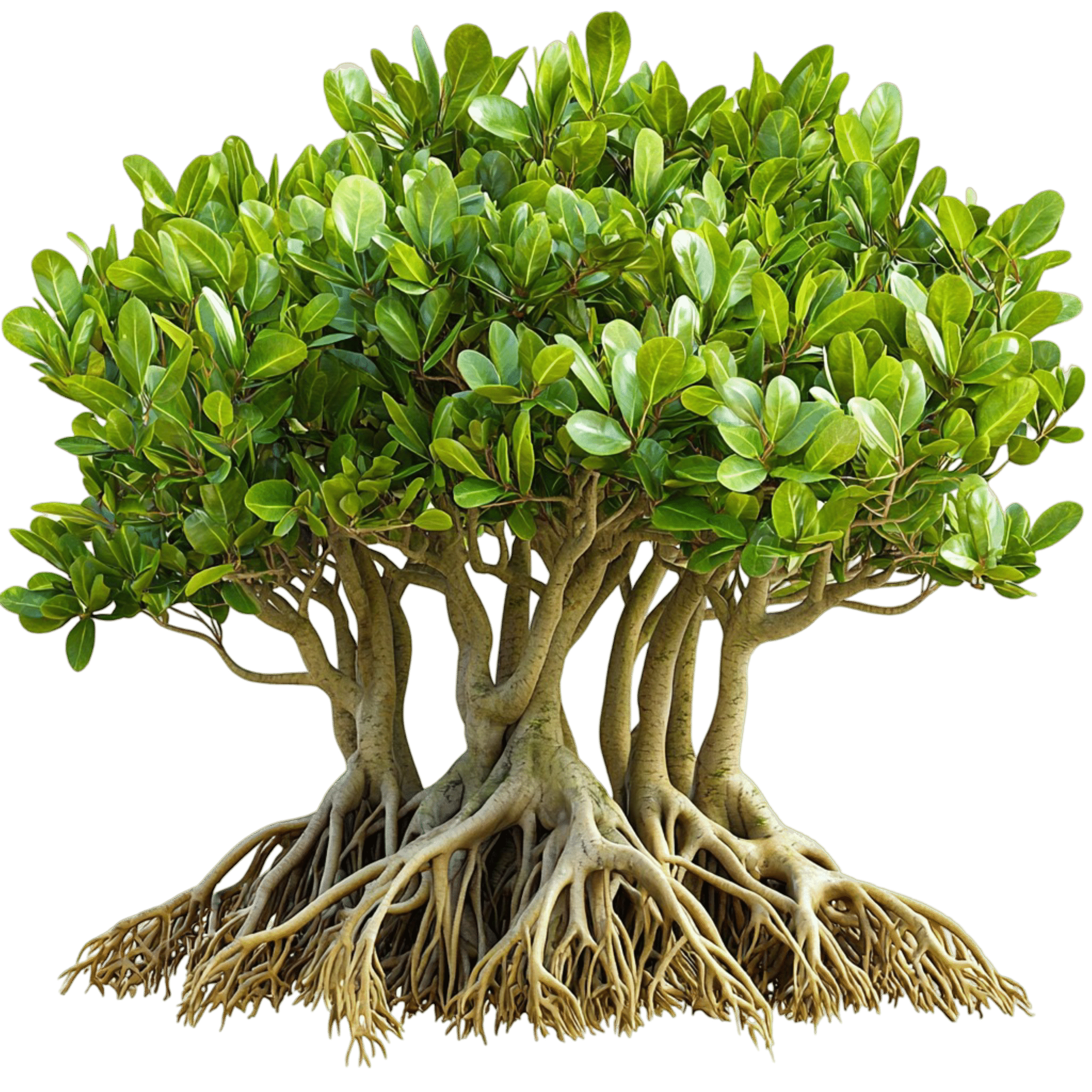 lush green mangrove tree with strong roots extending into ground