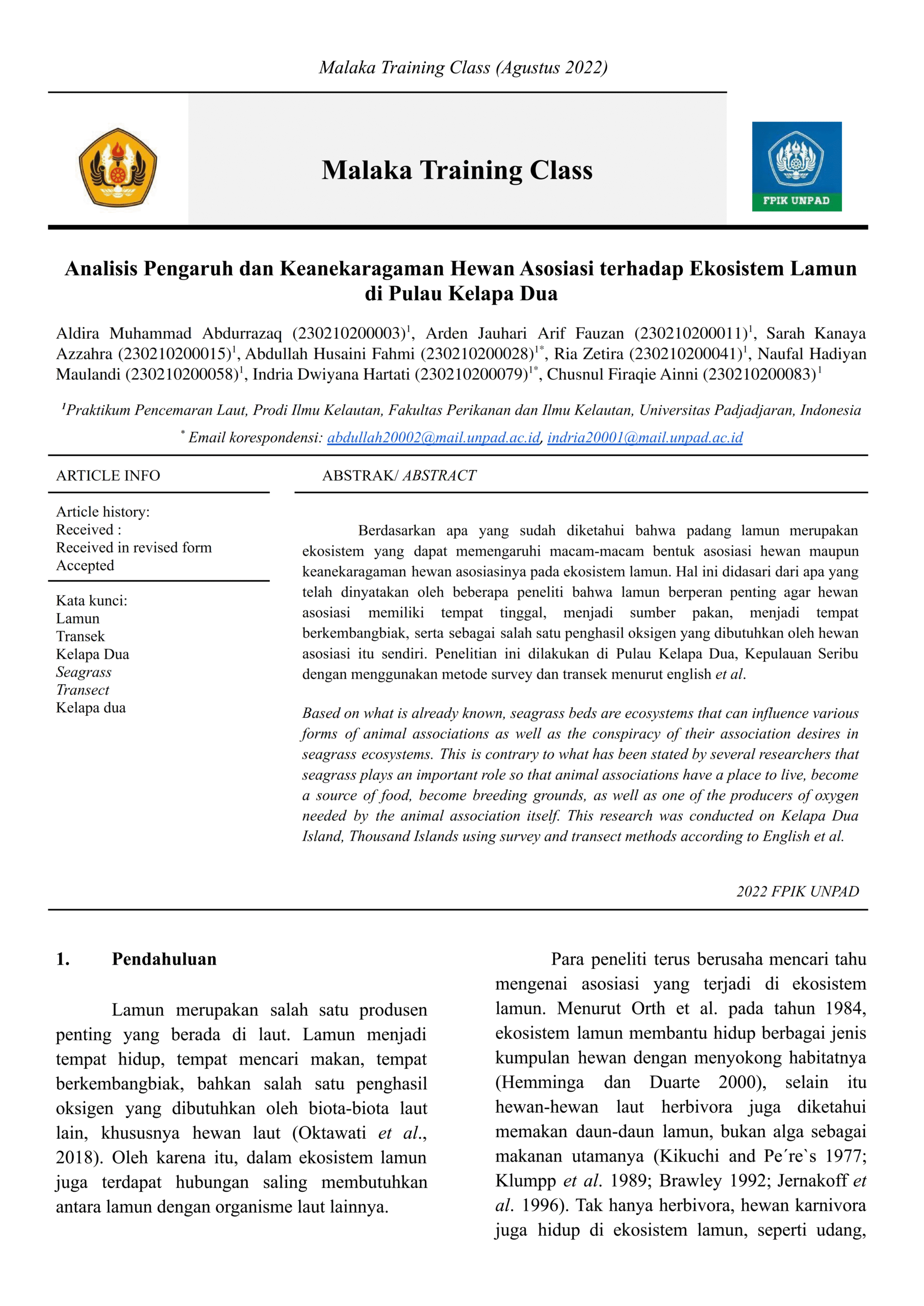 analisis pengaruh dan keanekaragaman hewan asosiasi terhadap ekosistem lamun di pulau kelapa dua 2021 001