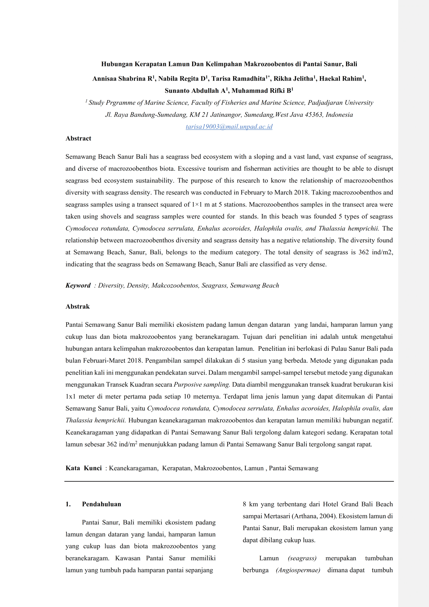 hubungan kerapatan lamun dan kelimpahan makrozoobentos di pantai sanur, bali 2020 001
